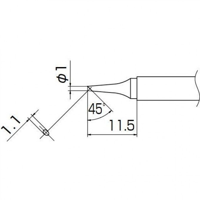 Жало для паяльника коническое со скосом HAKKO T13 ⌀1×11.5 мм, ⌀1×1.1 мм 45° T13-BC1