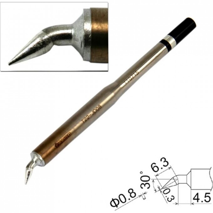 Жало для паяльника HAKKO T22 коническое изогнутое ⌀0.8 × 0.3 × 6.3 × 4.5 мм 30° T22-JD08