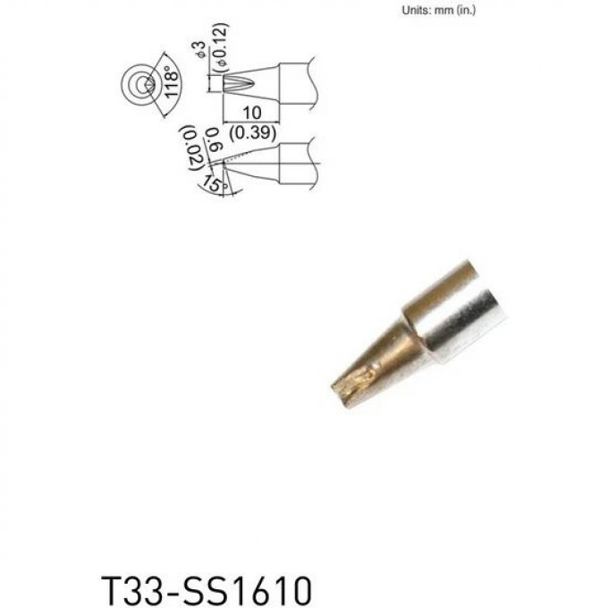 Паяльное жало сложной формы с V-образной канавкой HAKKO Серия T33 ⌀3×10 мм 15° T33-SS1610